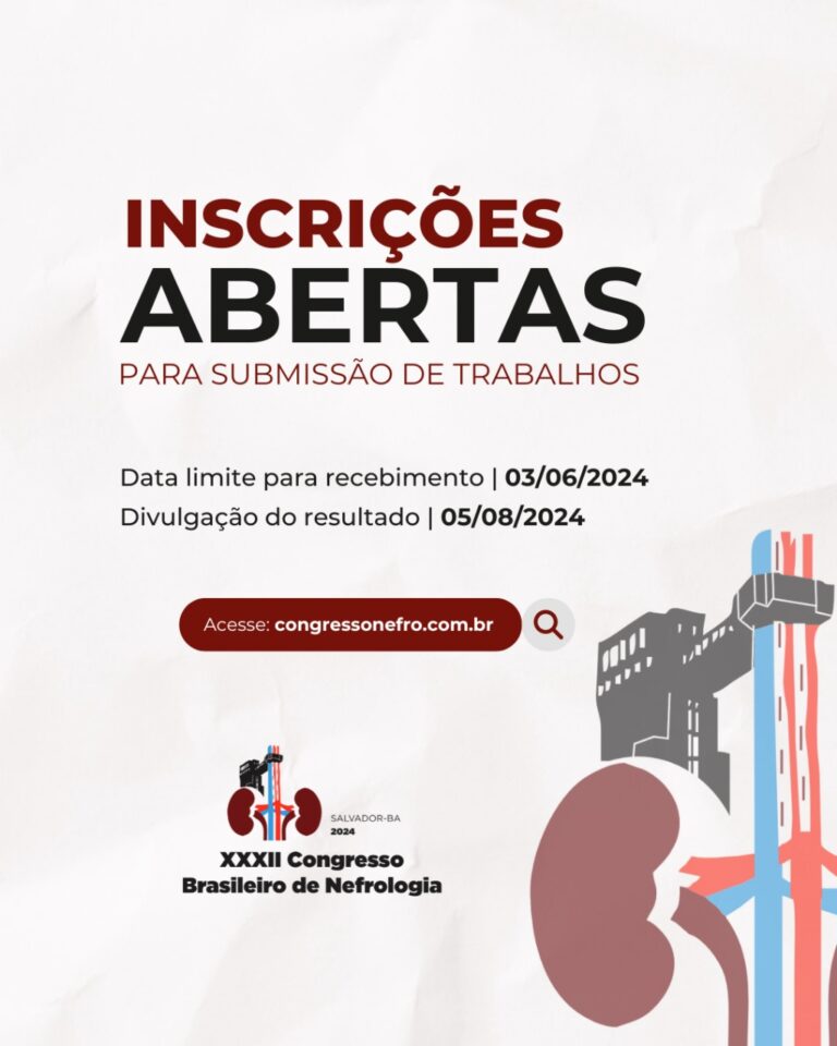 Inscrições abertas para submissão de trabalhos no XXXII Congresso Brasileiro de Nefrologia