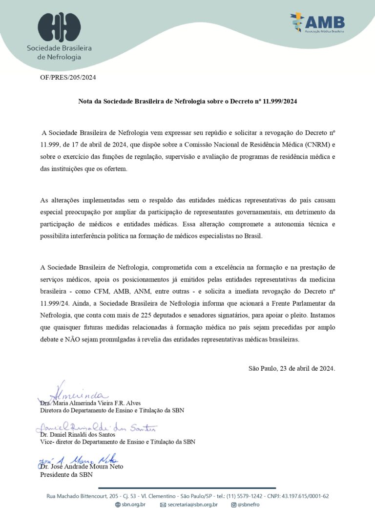 A Sociedade Brasileira de Nefrologia divulga nota sobre o Decreto nº 11.999/2024