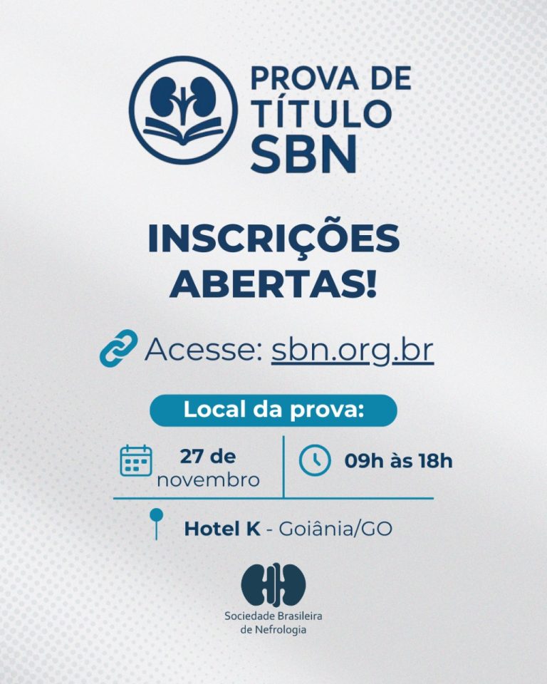 Inscrições abertas até 30/09 para a Prova de Título de Especialista em Nefrologia 2025, nas modalidades Adulto e Pediatria, em Goiânia