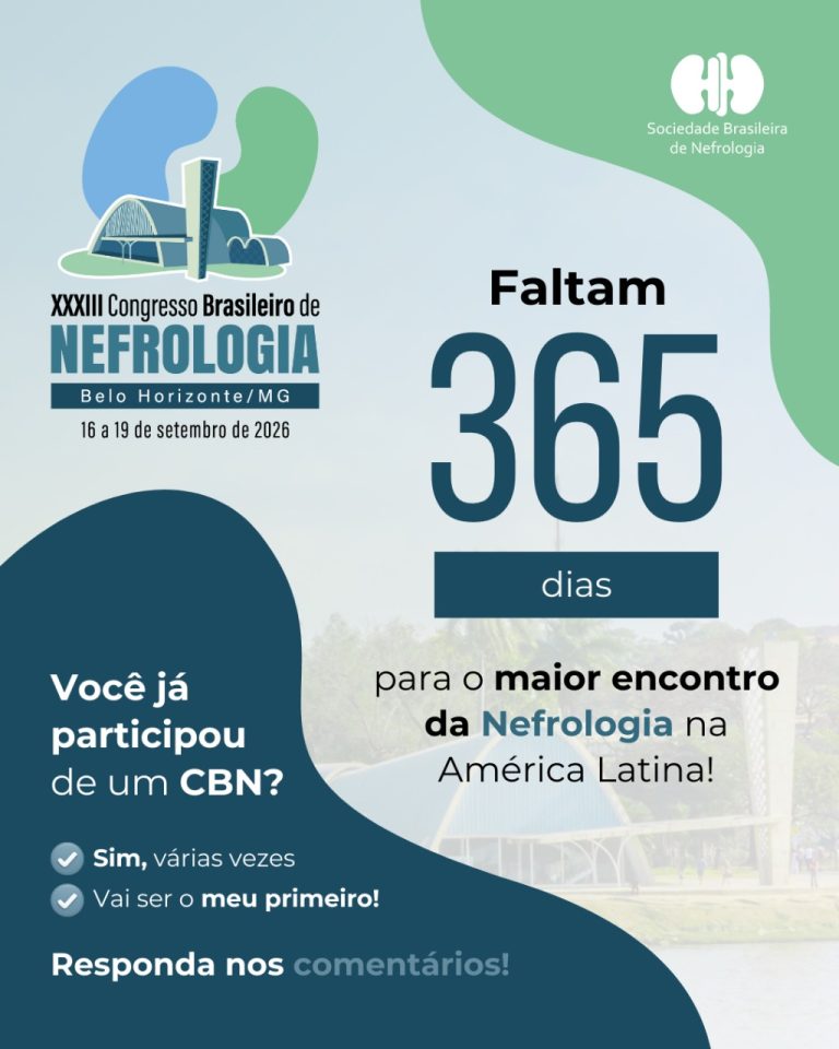 Contagem regressiva para o Congresso Brasileiro de Nefrologia, que ocorrerá nos dias 16 a 19 de setembro de 2026 em Belo Horizonte