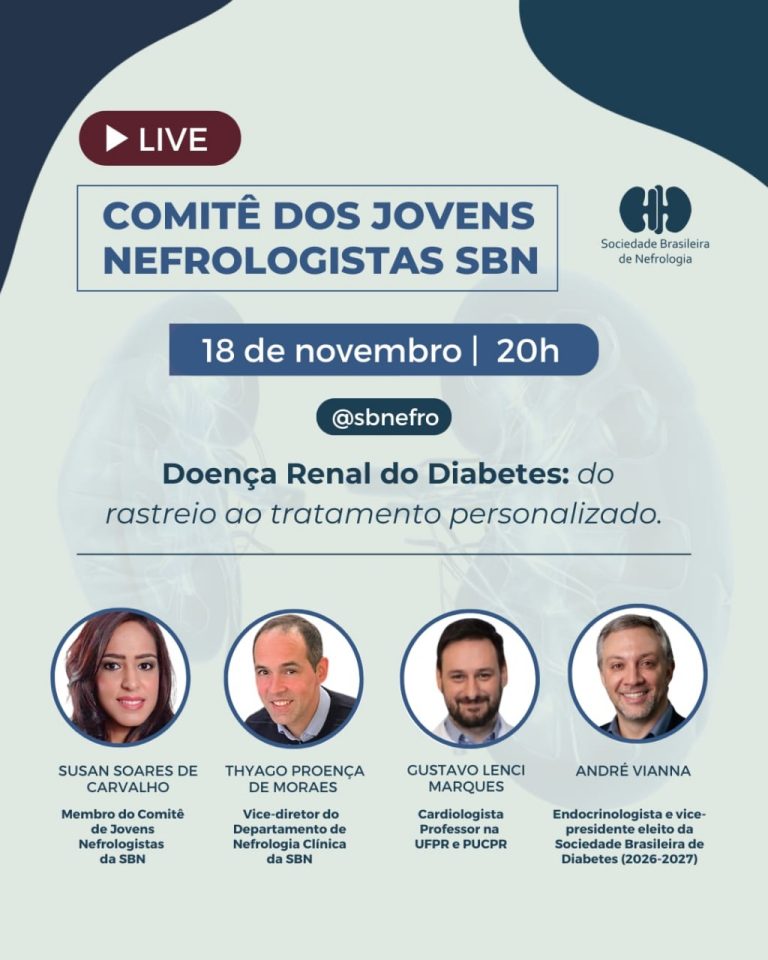 Comitê de Jovens Nefrologistas da SBN realizará Live com o tema “Doença renal do Diabetes: do rastreio ao tratamento personalizado”