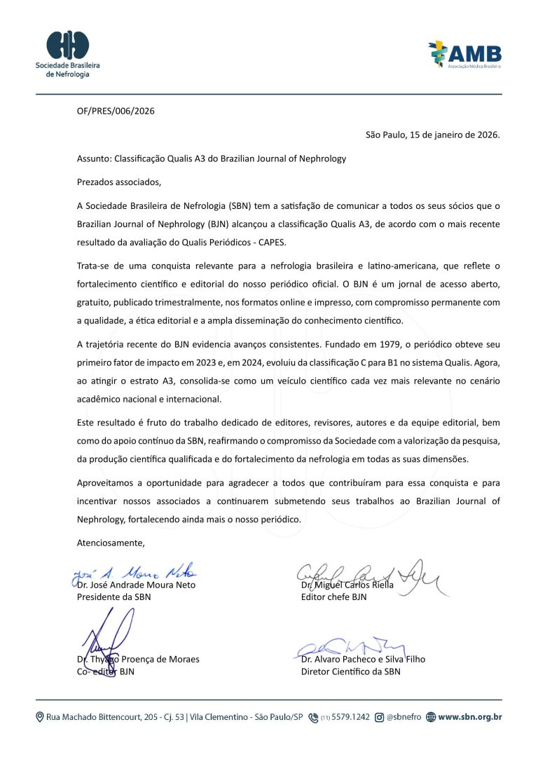 Brazilian Journal of Nephrology alcança classificação A3 na CAPES