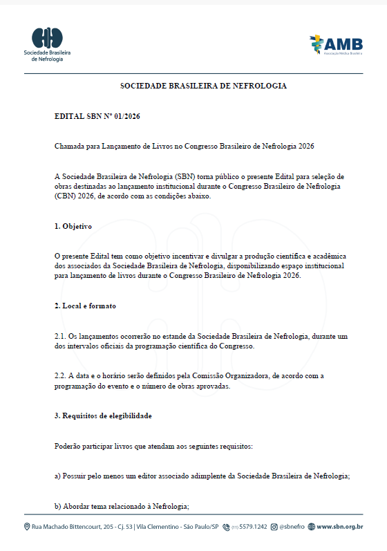 SBN abre edital para lançamento de livros durante o Congresso Brasileiro de Nefrologia 2026