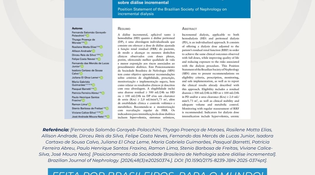 SBN publica posicionamento sobre diálise incremental no Brazilian Journal of Nephrology